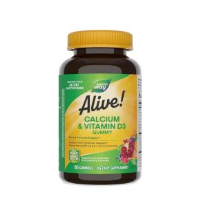 عبوة مكمل غذائي ألايف! كالسيوم وفيتامين D3 جامي – 60 قطعة بنكهة التوت والفراولة Alive! Calcium & Vitamin D3 Gummies – 60-count bottle with berry flavor, shown on a white background with supplement label