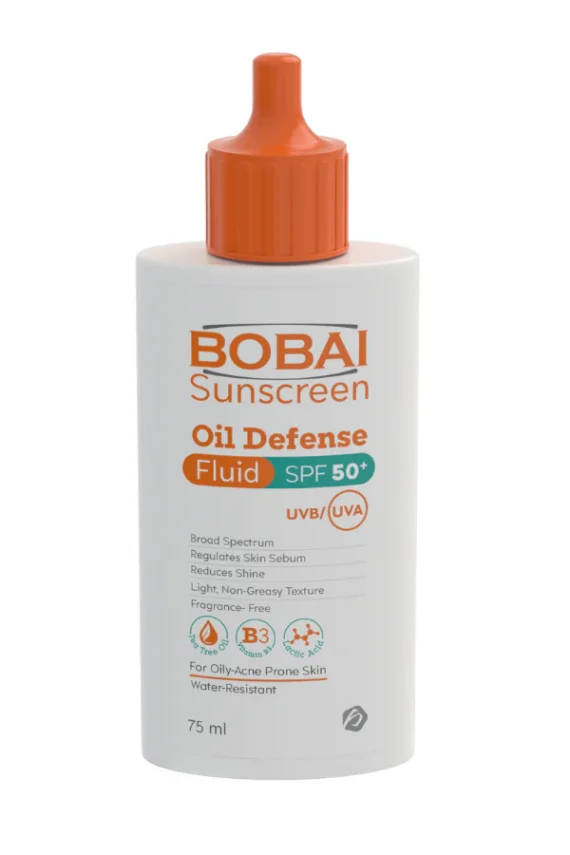 بوباى صن سكرين أويل ديفينس SPF50 – 75 مل، واقي شمس بخفة وامتصاص سريع يحمي البشرة من أشعة UVA/UVB. BOBAI Sunscreen Oil Defense Fluid SPF50+ – 75ml, lightweight sunscreen fluid with strong UVA/UVB protection.