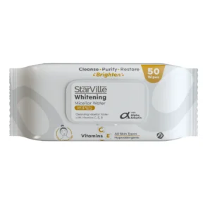 StarVille Whitening Micellar Water Wipes – brightening and cleansing facial wipes. ستارفيل مناديل مبللة للتفتيح – مناديل تفتيح وتنظيف لطيف للبشرة.