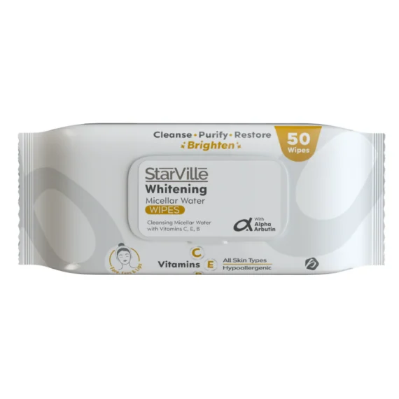 StarVille Whitening Micellar Water Wipes – brightening and cleansing facial wipes. ستارفيل مناديل مبللة للتفتيح – مناديل تفتيح وتنظيف لطيف للبشرة.