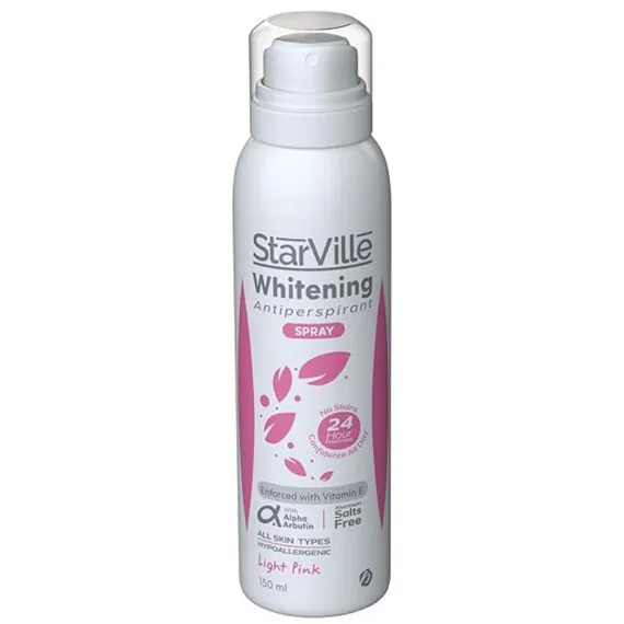 Starville Whitening Antiperspirants Spray Light Pink – 200ml, brightening deodorant spray with soft pink fragrance. ستارفيل سبراي مزيل للعرق للتفتيح لايت بينك – 200 مل، مزيل عرق لتفتيح البشرة برائحة أنثوية منعشة.