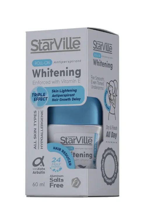 Starville Whitening Roll-On Hair Reducer – 60ml, brightening deodorant that helps reduce underarm hair growth. ستارفيل رول أون وايتينج هير ريديوسر – 60 مل، مزيل عرق لتفتيح البشرة وتقليل نمو الشعر.