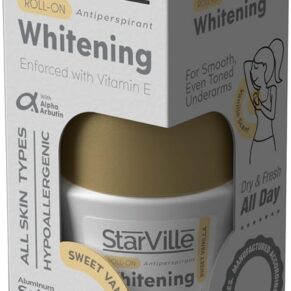 Starville Whitening Roll On Sweet Vanilla – 60ml, brightening roll-on deodorant with warm vanilla fragrance. ستارفيل رول أون تفتيح سويت فانيليا – 60 مل، مزيل عرق لتفتيح البشرة برائحة الفانيليا الناعمة.