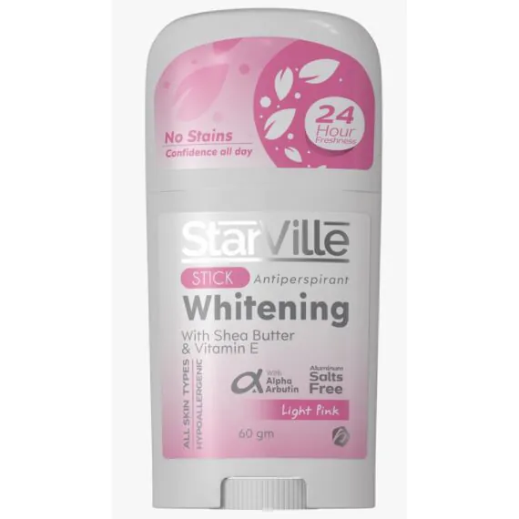 Starville Whitening Stick Light Pink – 60ml, brightening deodorant stick with coconut scent. ستارفيل مزيل عرق ستيك برائحة جوز الهند – 60 جم، مزيل عرق لتفتيح البشرة برائحة استوائية.
