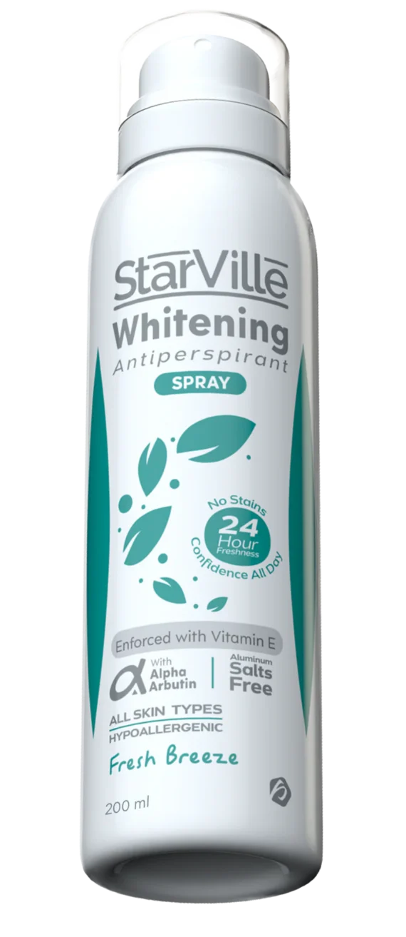 Starville Whitening Antiperspirant Spray Fresh Breeze – 200ml, deodorant spray with brightening effect and long-lasting freshness. ستارفيل سبراي مزيل عرق وتفتيح فريش بريز – 200 مل، مزيل عرق بتفتيح وانتعاش طويل الأمد.