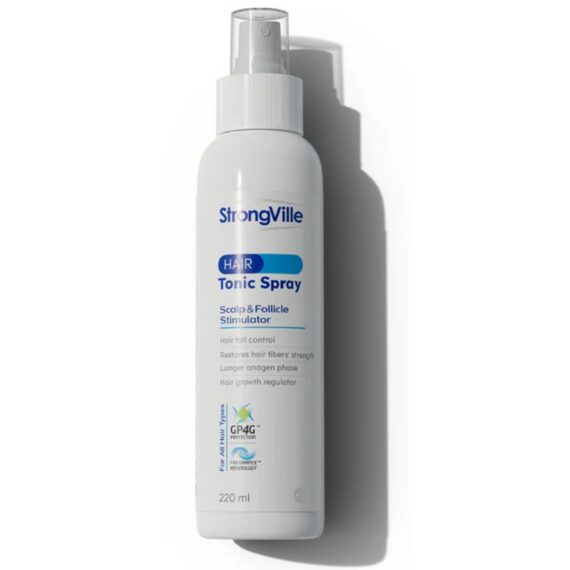 Strongville Hair Tonic Spray – 220 ml strengthening and revitalizing hair growth spray. سترونجفيل سبراي للشعر – 220 مل، سبراي مقوٍ ومحفّز لنمو الشعر.