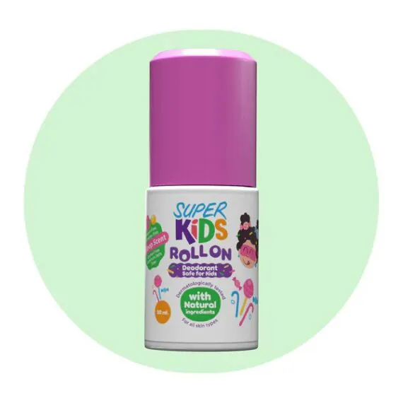 Superkids Roll On Lollipop Scent – natural kids deodorant 30 ml سوبركيدز رول أون برائحة المصاصة – مزيل عرق آمن للأطفال برائحة حلوة 30 مل