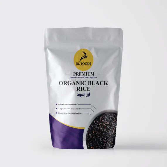 أرز أسود عضوي فاخر من دكتور فودز – غني بالألياف ومضادات الأكسدة، منتج طبيعي 100%. Dr. Foods Organic Black Rice – Premium whole-grain superfood rich in fiber and antioxidants.