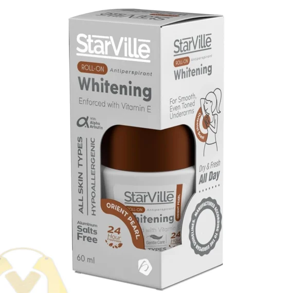Starville Whitening Roll On Orient Pearl Scent – 60ml, brightening roll-on deodorant with oriental fragrance. ستارفيل رول أون تفتيح بالروائح الشرقية – 60 مل، مزيل عرق لتفتيح البشرة برائحة شرقية فاخرة.