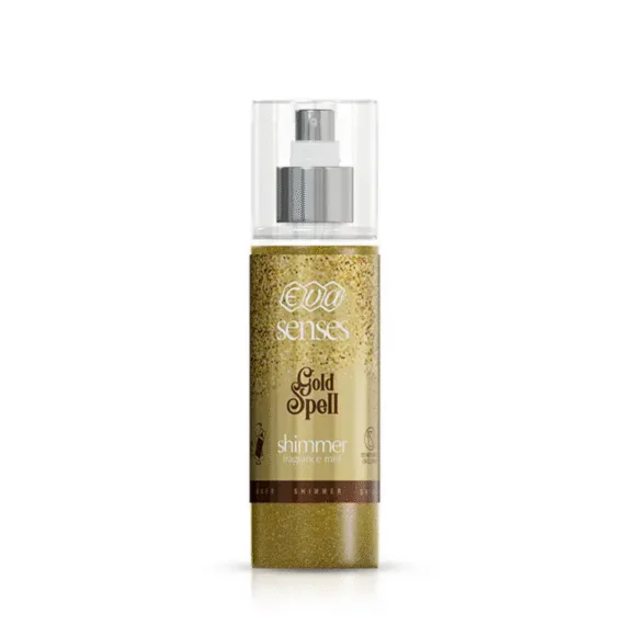 Eva Body Splash Gold Spell 150 ml glitter body mist with golden shimmer and luxury scent-ايفا بادى اسبلاش جليتر جولد سبيل 150 مل برائحة فاخرة وبريق ذهبي جذّاب