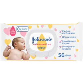 Johnsons Baby Wipes Extra Sensitive 56 Wipes Gentle Care for Sensitive Skin-جونسون مناديل اطفال فائقة الحساسية 56 منديل تنظيف لطيف للبشرة الحساسة