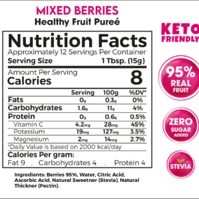 Mixed Berries Healthy Fruit Purée 180g – 95% Real Fruit Zero Sugar Added Keto Friendly-بيوريه التوت المشكل الصحي 180 جم – 95٪ فاكهة حقيقية بدون سكر مضاف كيتو فريندلي