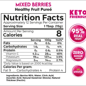 Mixed Berries Healthy Fruit Purée 180g – 95% Real Fruit Zero Sugar Added Keto Friendly-بيوريه التوت المشكل الصحي 180 جم – 95٪ فاكهة حقيقية بدون سكر مضاف كيتو فريندلي