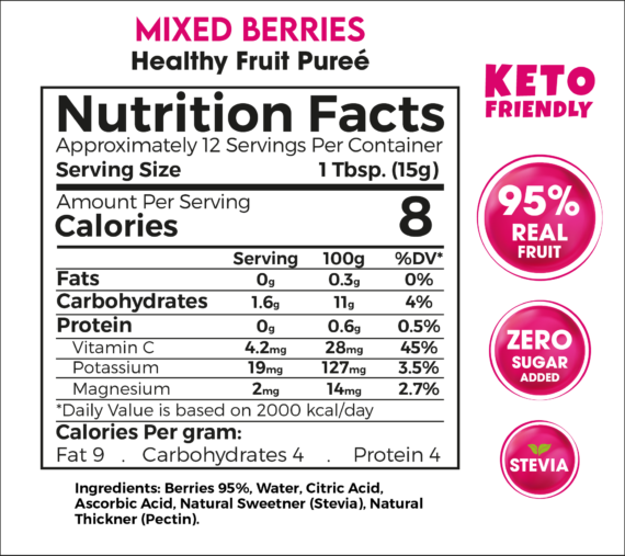 Mixed Berries Healthy Fruit Purée 180g – 95% Real Fruit Zero Sugar Added Keto Friendly-بيوريه التوت المشكل الصحي 180 جم – 95٪ فاكهة حقيقية بدون سكر مضاف كيتو فريندلي