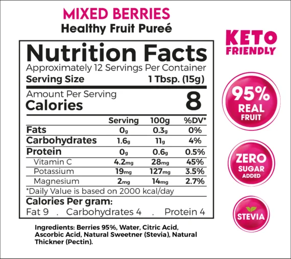 Mixed Berries Healthy Fruit Purée 180g – 95% Real Fruit Zero Sugar Added Keto Friendly-بيوريه التوت المشكل الصحي 180 جم – 95٪ فاكهة حقيقية بدون سكر مضاف كيتو فريندلي
