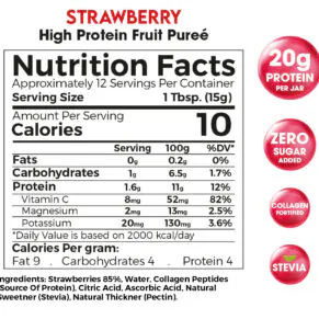 Strawberry High Protein Fruit Purée Zero Treat 180g Zero Sugar Added & Collagen Fortified-فيويل بروتين ووتر ميكس بيري 500 مل مشروب بروتين منعش لدعم التعافي العضلي