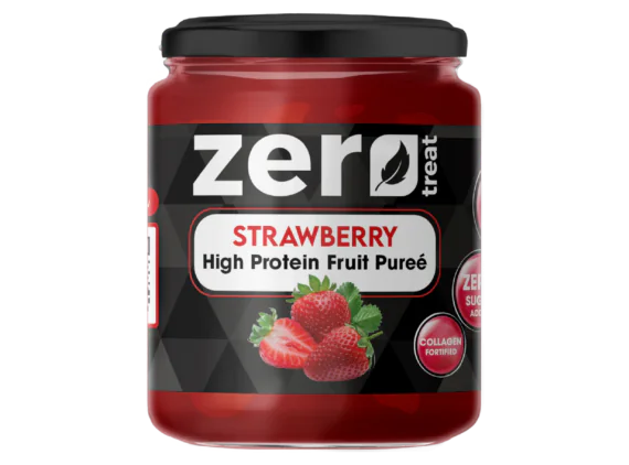 Strawberry High Protein Fruit Purée Zero Treat 180g Zero Sugar Added & Collagen Fortified-زيرو تريت بيوريه الفراولة عالي البروتين 180جم | بدون سكر مضاف ومدعم بالكولاجين
