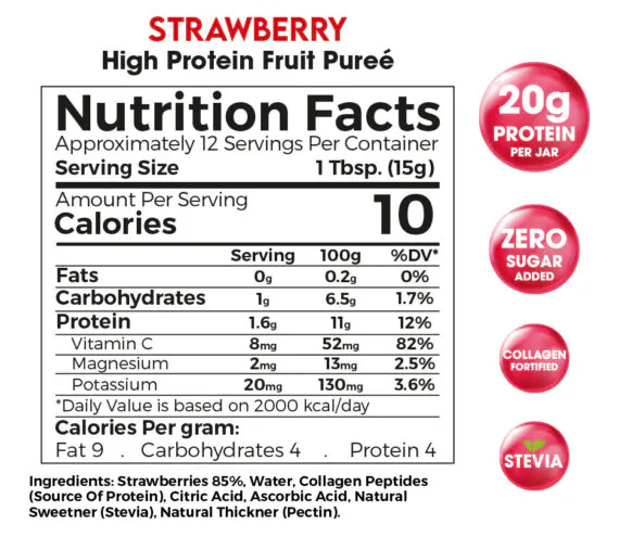 Strawberry High Protein Fruit Purée Zero Treat 180g Zero Sugar Added & Collagen Fortified-فيويل بروتين ووتر ميكس بيري 500 مل مشروب بروتين منعش لدعم التعافي العضلي