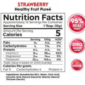 بيوريه الفراولة الصحي زيرو تريت 180 جم – 95٪ فاكهة حقيقية بدون سكر مضاف-Strawberry Healthy Fruit Purée 180g 95% Real Fruit – Zero Sugar Added
