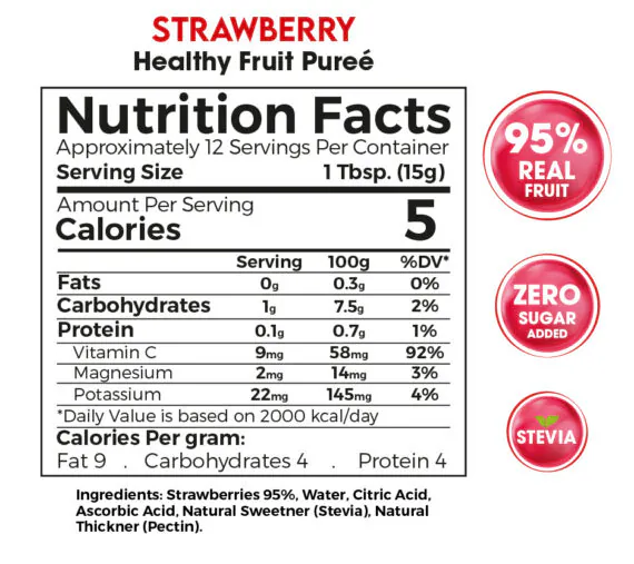 بيوريه الفراولة الصحي زيرو تريت 180 جم – 95٪ فاكهة حقيقية بدون سكر مضاف-Strawberry Healthy Fruit Purée 180g 95% Real Fruit – Zero Sugar Added
