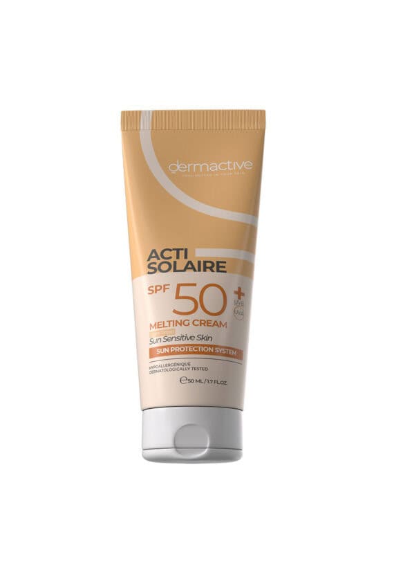 ديرما أكتيف أكتي سولير SPF 50+ ميلتنج كريم تينتد 50 مل – حماية عالية من الشمس مع تغطية طبيعية موحدة للون البشرة