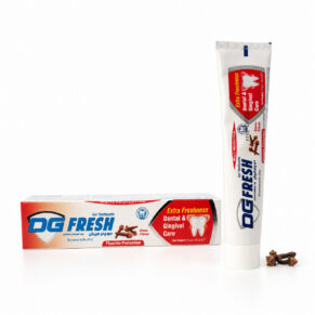 DG Fresh Clove Flavor Gel Toothpaste 75g with tube, box and whole cloves on a white background.