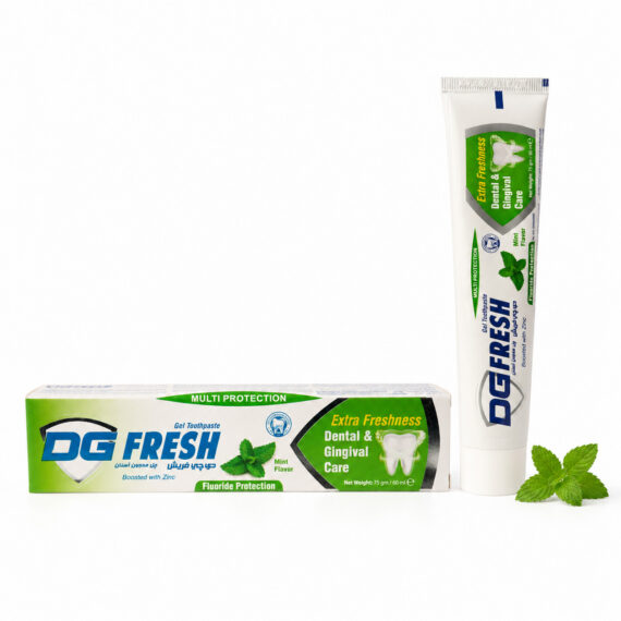 DG Fresh Mint Flavor Gel Toothpaste 75g with tube, box and fresh mint leaves on a white background.