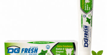 DG Fresh Mint Flavor Gel Toothpaste 75g with tube, box and fresh mint leaves on a white background.