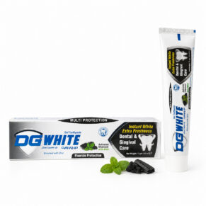 DG White Extra Freshness Gel Toothpaste 75g with activated charcoal, mint, tube and box on a white background.