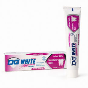 DG White Whitening Toothpaste for Sensitive Teeth 75g with tube and box on a white background.