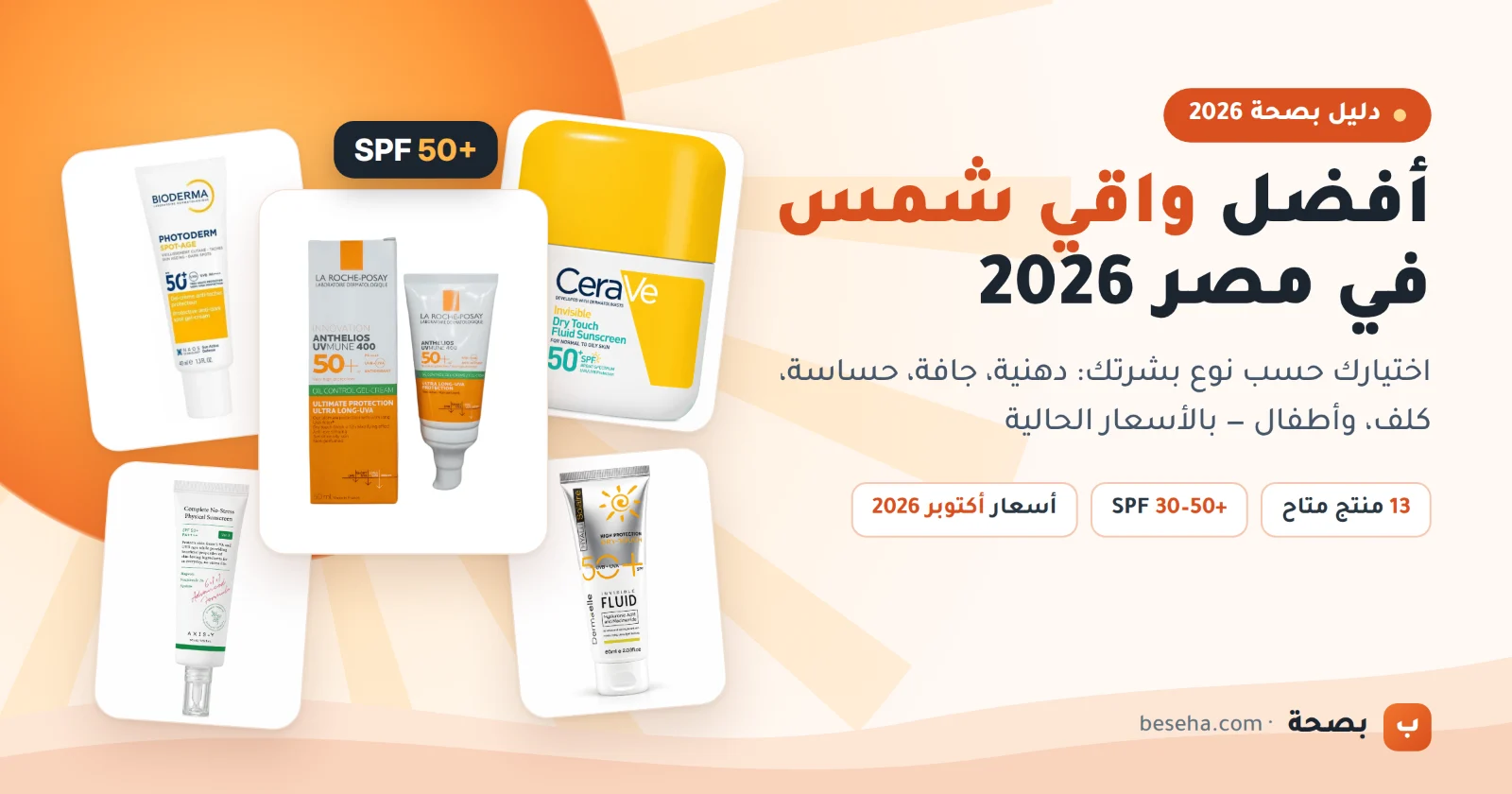 أفضل واقي شمس في مصر 2026 حسب نوع البشرة – لاروش بوزيه وبيوديرما وسيرافي وديرما إل وأكسيس واي من بصحة
