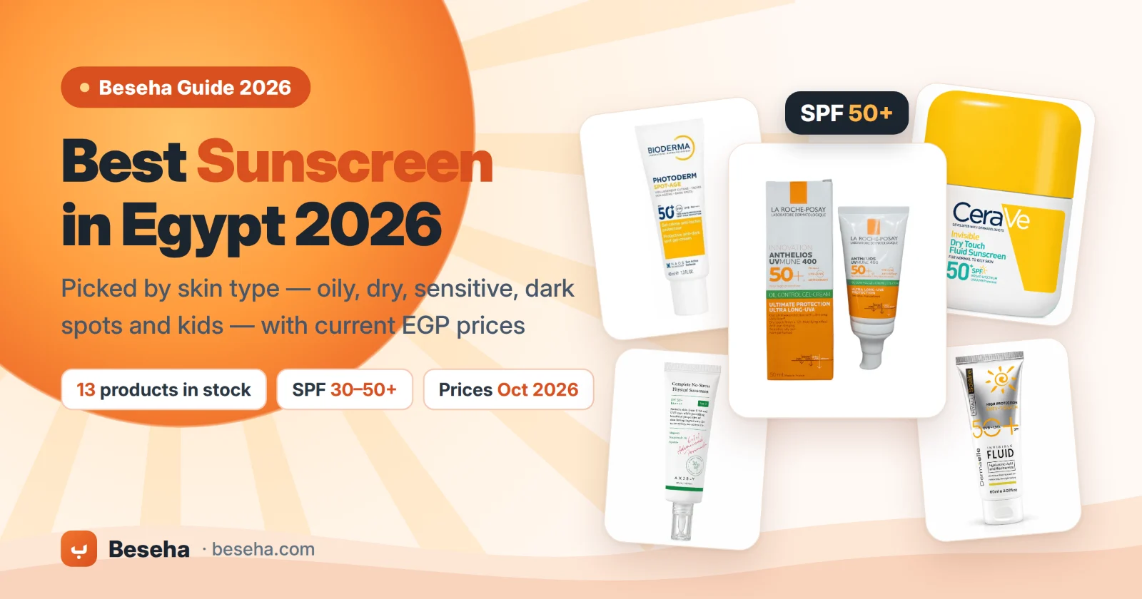 Best sunscreen in Egypt 2026 by skin type – La Roche-Posay, Bioderma, CeraVe, Dermaelle and AXIS-Y at Beseha