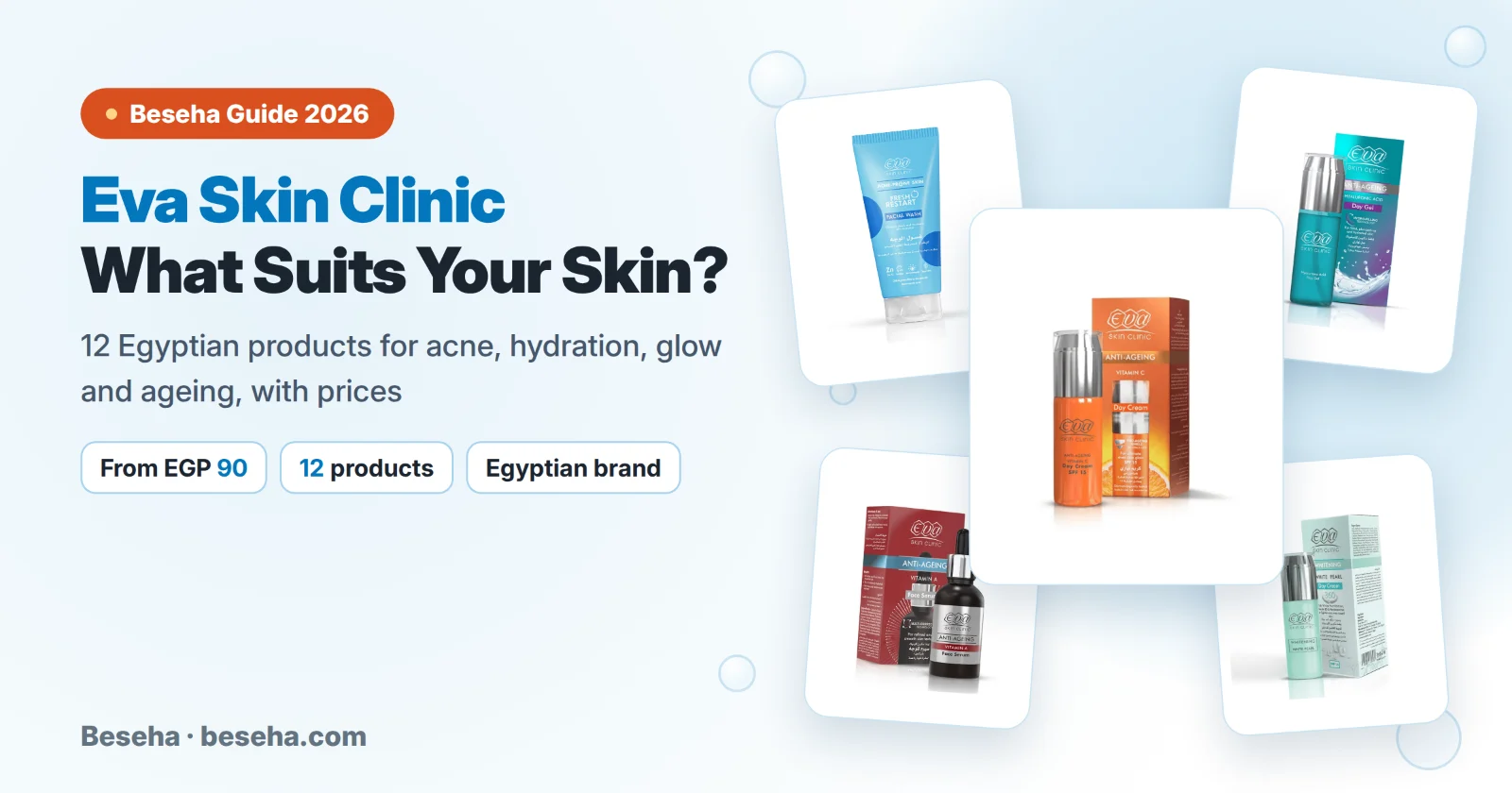Eva Skin Clinic products for acne, hydration, glow and ageing, with prices