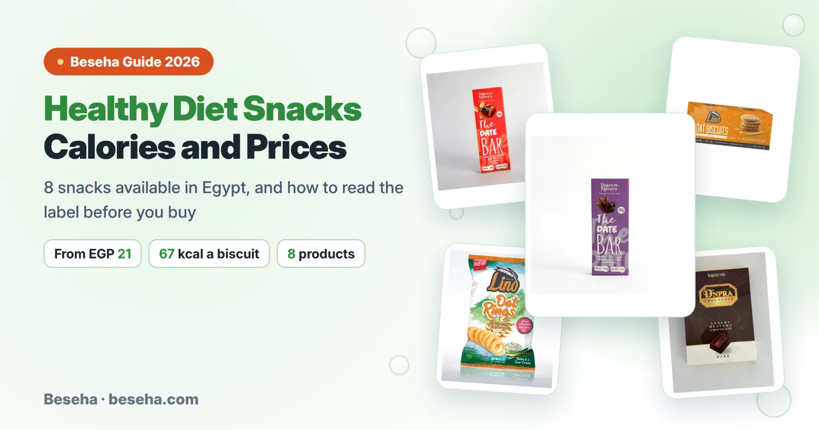 Healthy diet snacks in Egypt: date bars, Lino oat biscuits, oat rings and Dinpra chocolate