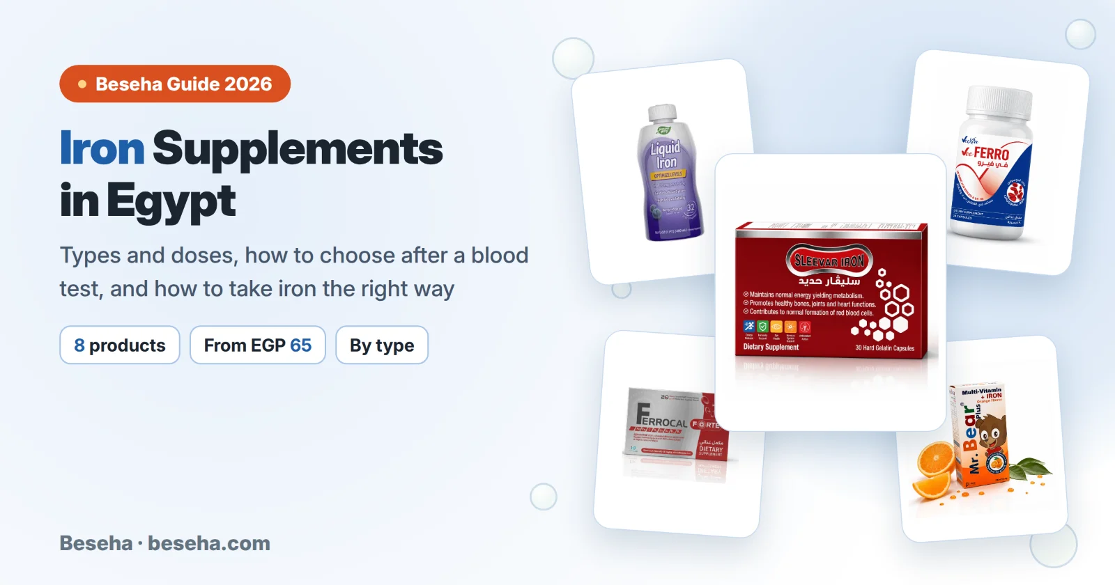 Iron supplements in Egypt: Sleevar Iron, Vee Ferro, Ferrocal Forte, Liquid Iron and Mr. Bear Plus