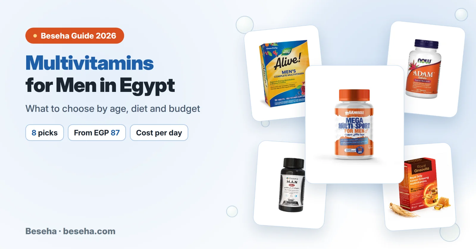 Best multivitamins for men in Egypt: Mega Multi Sport, Alive, NOW ADAM, Dozova and Royal Ginsovita
