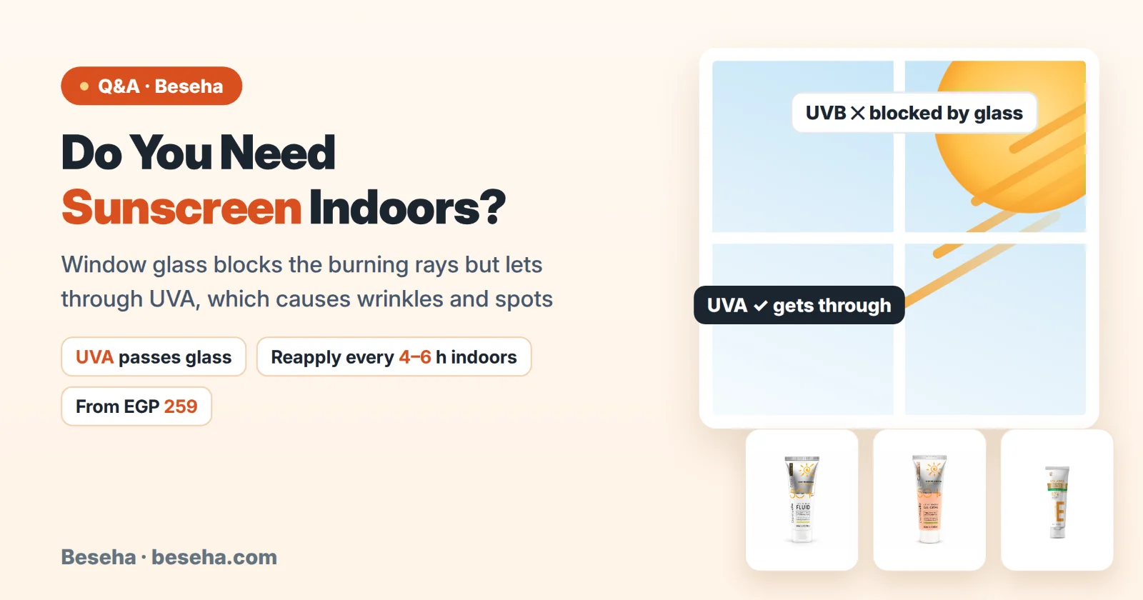 Do you need sunscreen indoors? Window glass blocks UVB but lets UVA through - Beseha