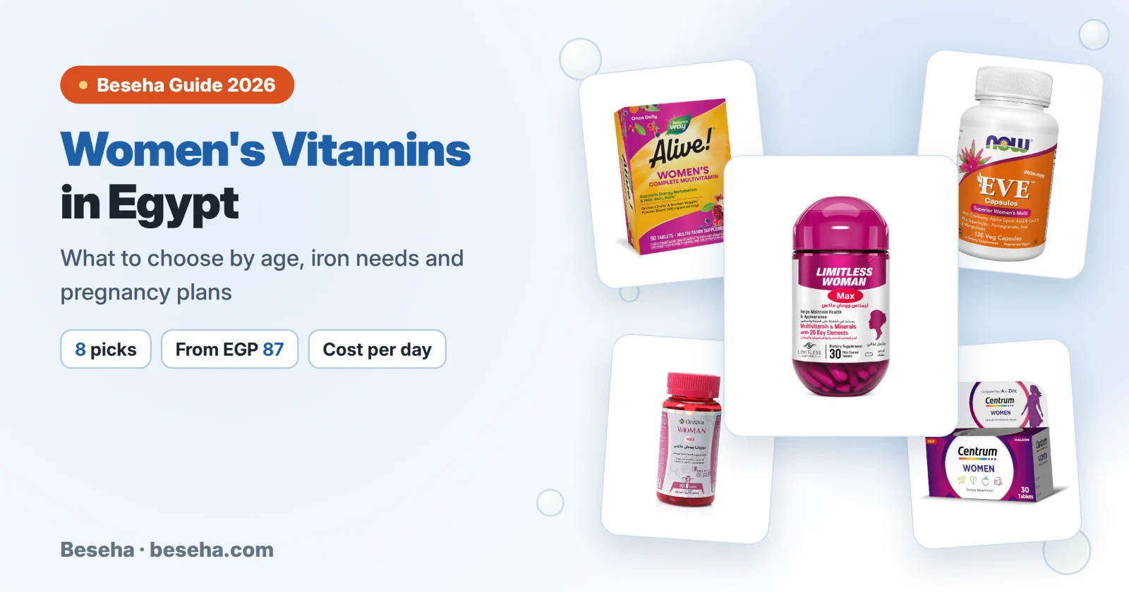 Best women's vitamins in Egypt: Limitless Woman Max, Alive, NOW Eve, Dozova and Centrum
