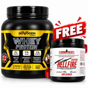 نوفوجين 100% واي بروتين 1 كجم + كوماندوز كرياتين هيل فاير-Novogen 100% Whey Protein 1kg + Commandoz Creatine Hell Fire