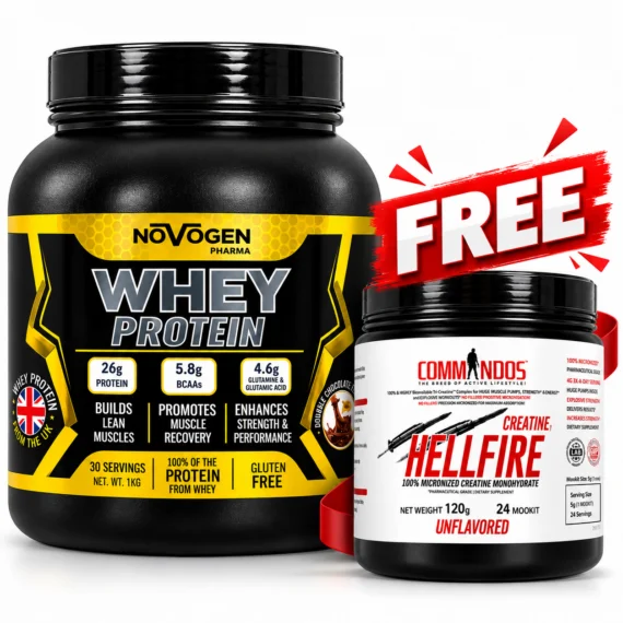 نوفوجين 100% واي بروتين 1 كجم + كوماندوز كرياتين هيل فاير-Novogen 100% Whey Protein 1kg + Commandoz Creatine Hell Fire