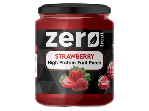 Strawberry High Protein Fruit Purée Zero Treat 180g Zero Sugar Added & Collagen Fortified-بيوريه الفراولة بالبروتين زيرو تريت 180 جم | 20 جم بروتين – بدون سكر مضاف
