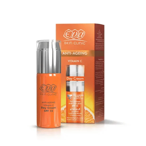 Eva Skin Clinic Vitamin C Day Cream 50 ml (SPF 15) for even skin tone and sun protection-ايفا سكين كلينيك كريم نهاري فيتامين سي 50 مل (SPF 15) لإشراقة موحدة وحماية من الشمس