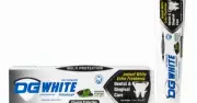 DG White Extra Freshness Gel Toothpaste 75g with activated charcoal, mint, tube and box on a white background.