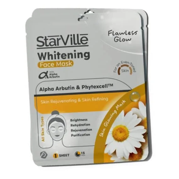 StarVille Whitening Mask Sheet for All Skin Types – 10 pcs, brightening and hydrating sheet masks with Alpha Arbutin. ستارفيل ستارفيل ماسك الوجه للتفتيح – 10 أقنعة لتفتيح وترطيب جميع أنواع البشرة.