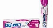 DG White Whitening Toothpaste for Sensitive Teeth 75g with tube and box on a white background.