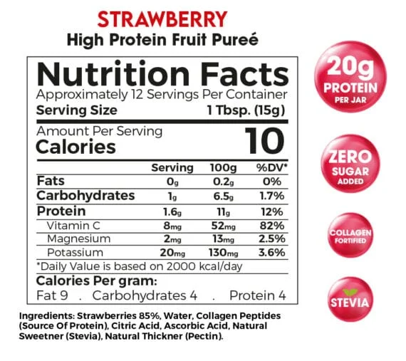 Strawberry High Protein Fruit Purée Zero Treat 180g Zero Sugar Added & Collagen Fortified-فيويل بروتين ووتر ميكس بيري 500 مل مشروب بروتين منعش لدعم التعافي العضلي