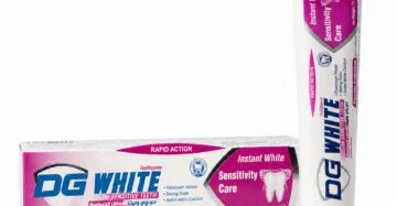 DG White Whitening Toothpaste for Sensitive Teeth 75g with tube and box on a white background.